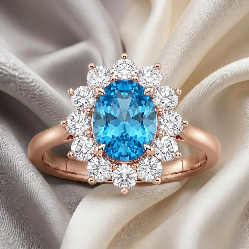 Natural Swiss Blue Topaz Roselle Ring in 925 Sterling Silver