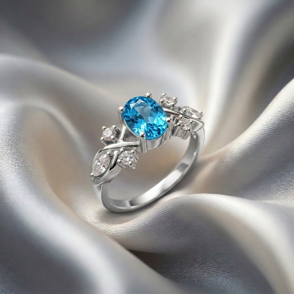 Natural Swiss Blue Topaz The Willow Ring in 925 Sterling Silver
