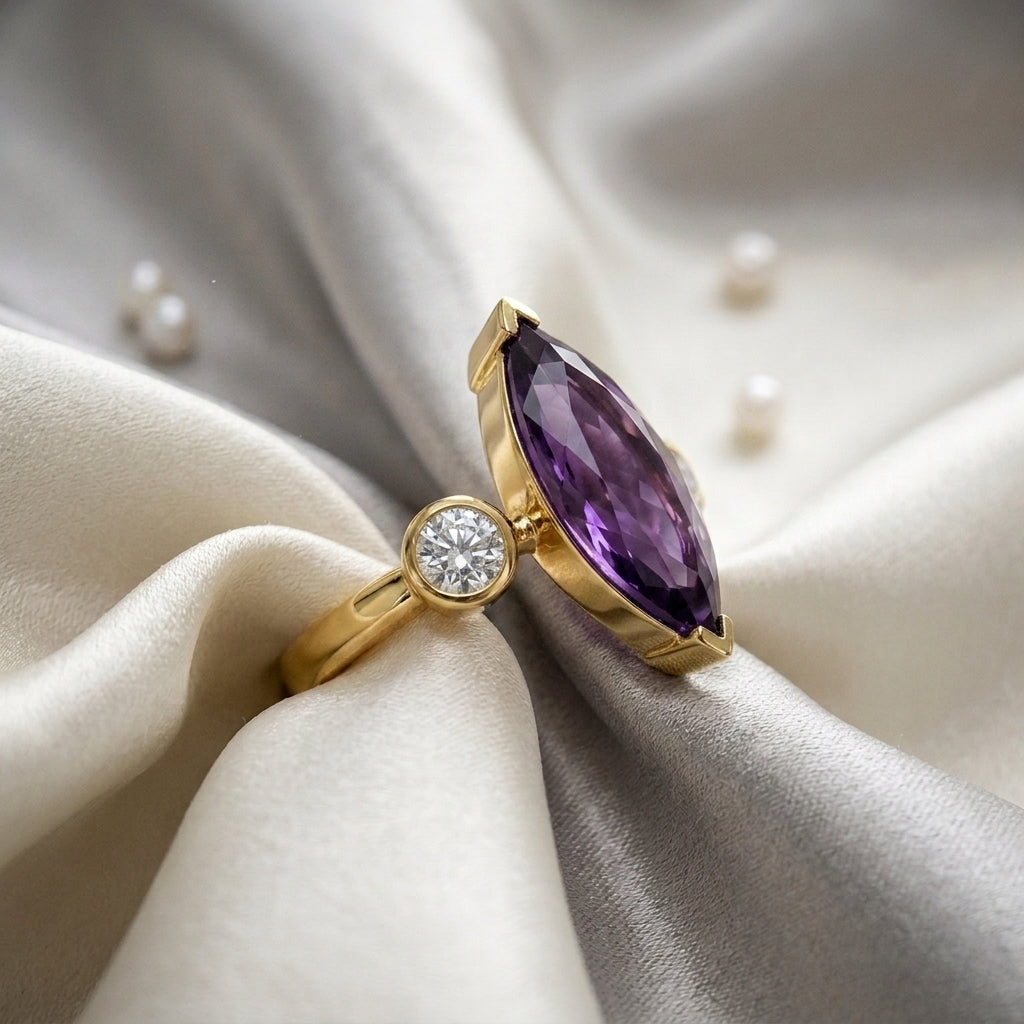 Natural Amethyst Marquise Ring in 925 Sterling Silver