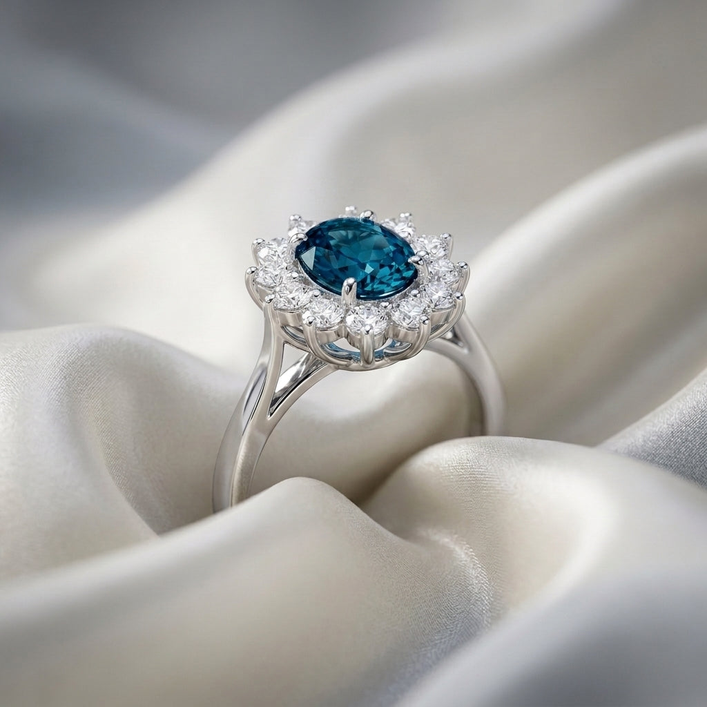 Natural London Blue Topaz Roselle Ring in 925 Sterling Silver