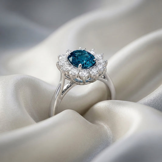 Natural London Blue Topaz Roselle Ring in 925 Sterling Silver