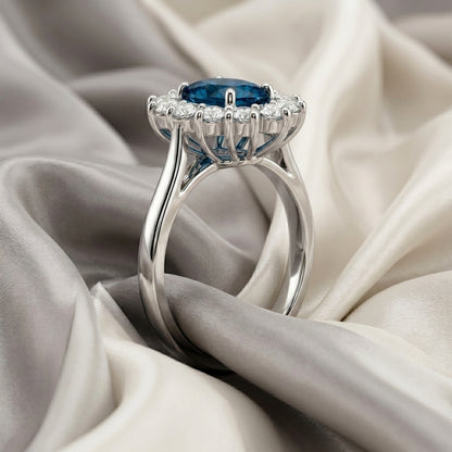 Natural London Blue Topaz Roselle Ring in 925 Sterling Silver