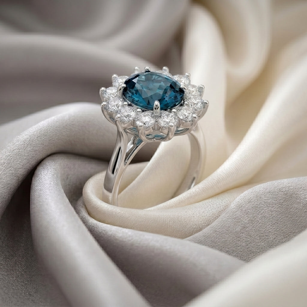 Natural London Blue Topaz Roselle Ring in 925 Sterling Silver