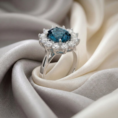 Natural London Blue Topaz Roselle Ring in 925 Sterling Silver