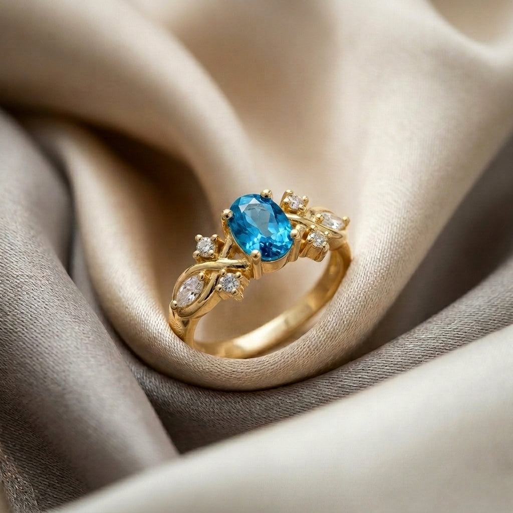 Natural Swiss Blue Topaz The Willow Ring in 925 Sterling Silver