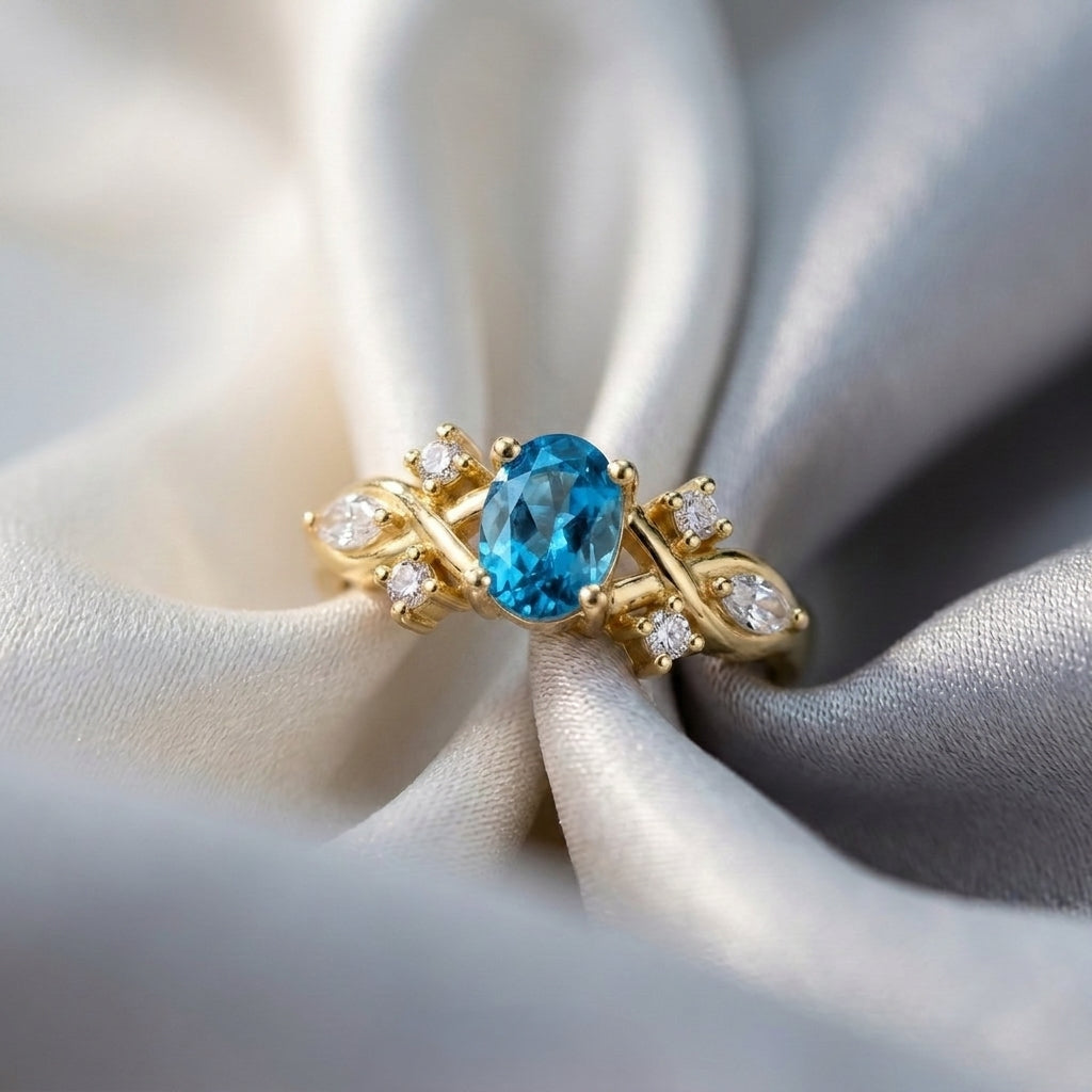 Natural Swiss Blue Topaz The Willow Ring in 925 Sterling Silver