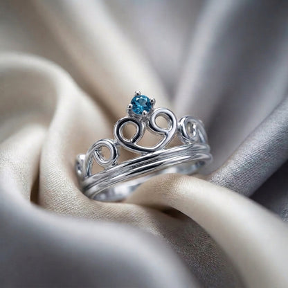 Natural Swiss Blue Topaz Crown Ring in 925 Sterling Silver