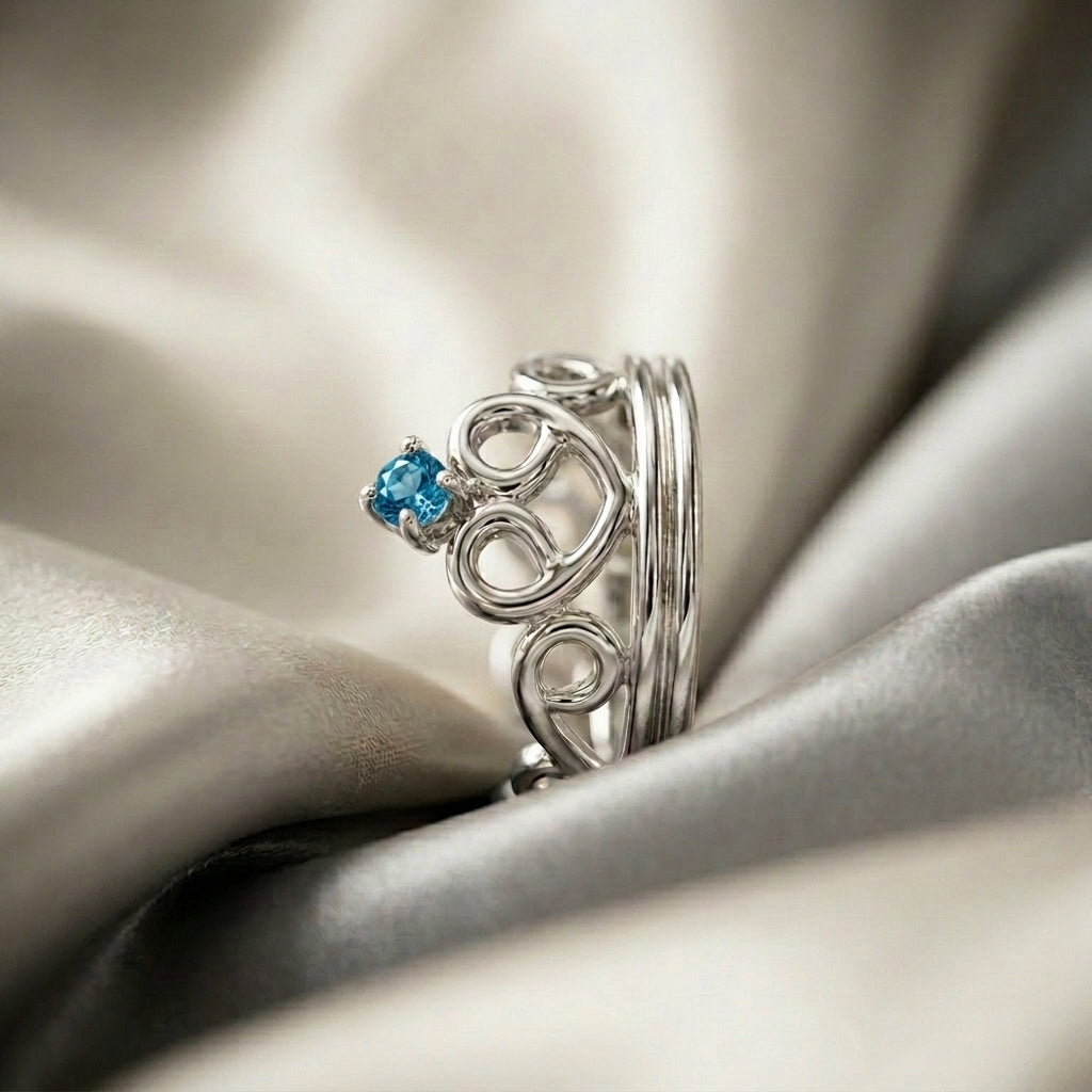 Natural Swiss Blue Topaz Crown Ring in 925 Sterling Silver