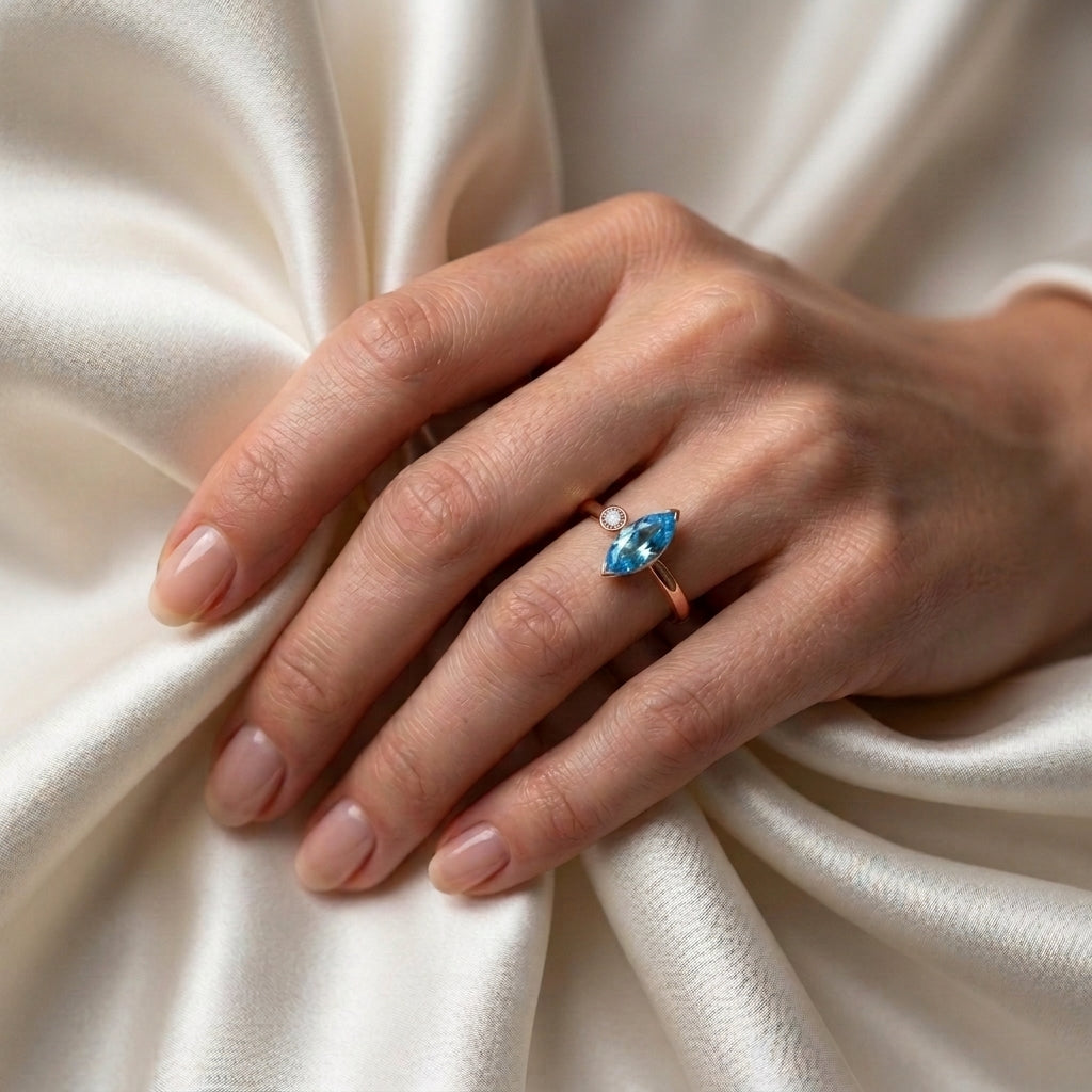 Natural Swiss Blue Topaz Marquise Ring in 925 Sterling Silver