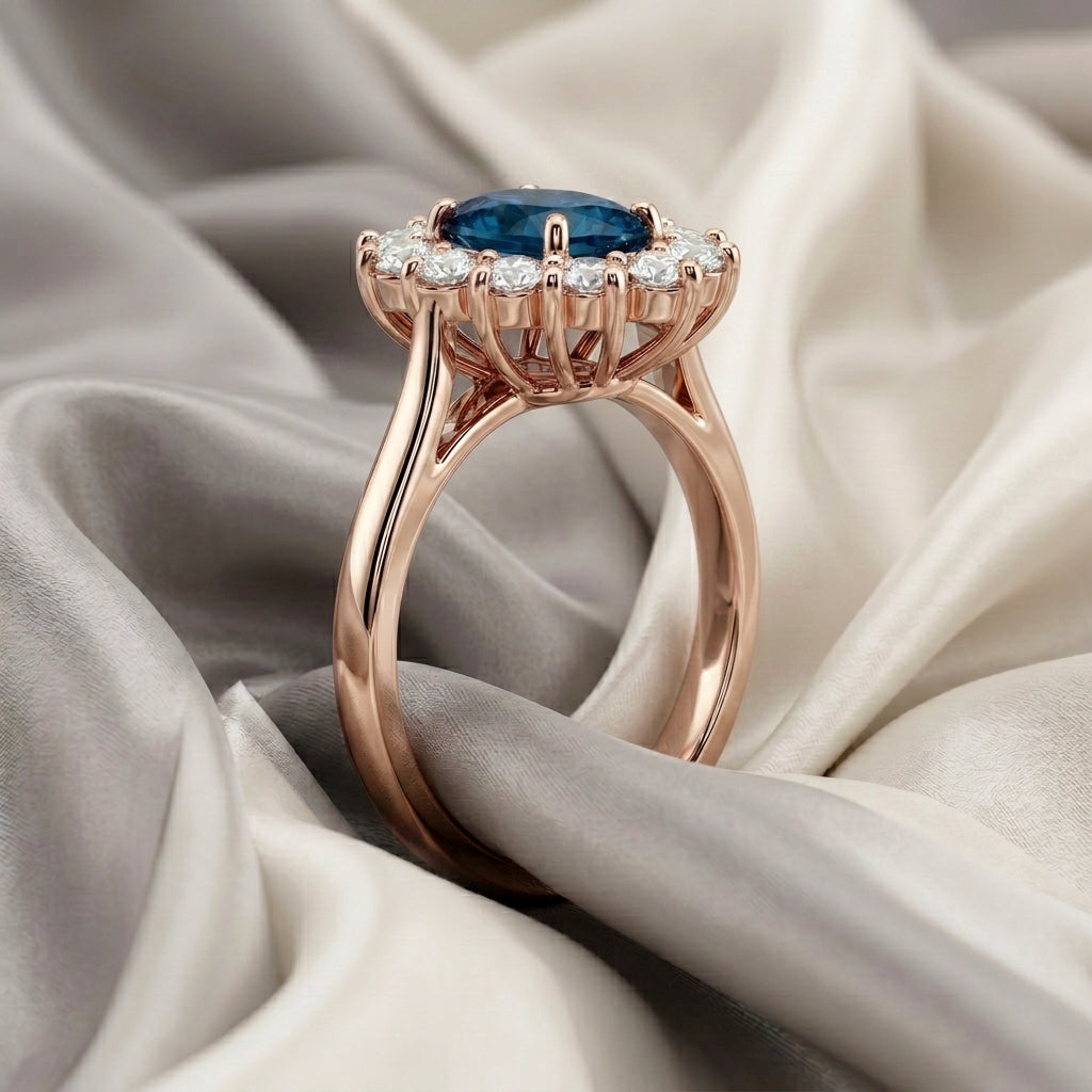 Natural London Blue Topaz Roselle Ring in 925 Sterling Silver