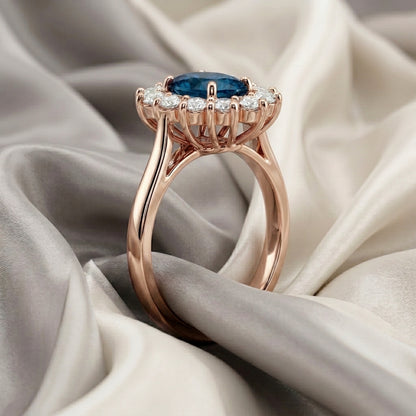 Natural London Blue Topaz Roselle Ring in 925 Sterling Silver