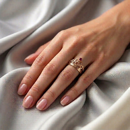 Natural Red Garnet Crown Ring in 925 Sterling Silver