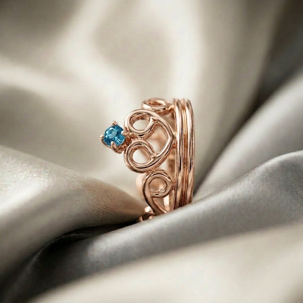 Natural Swiss Blue Topaz Crown Ring in 925 Sterling Silver