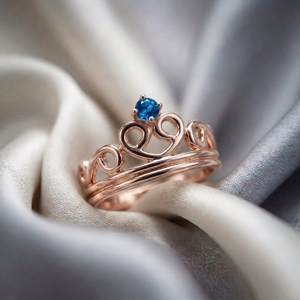 Natural Swiss Blue Topaz Crown Ring in 925 Sterling Silver