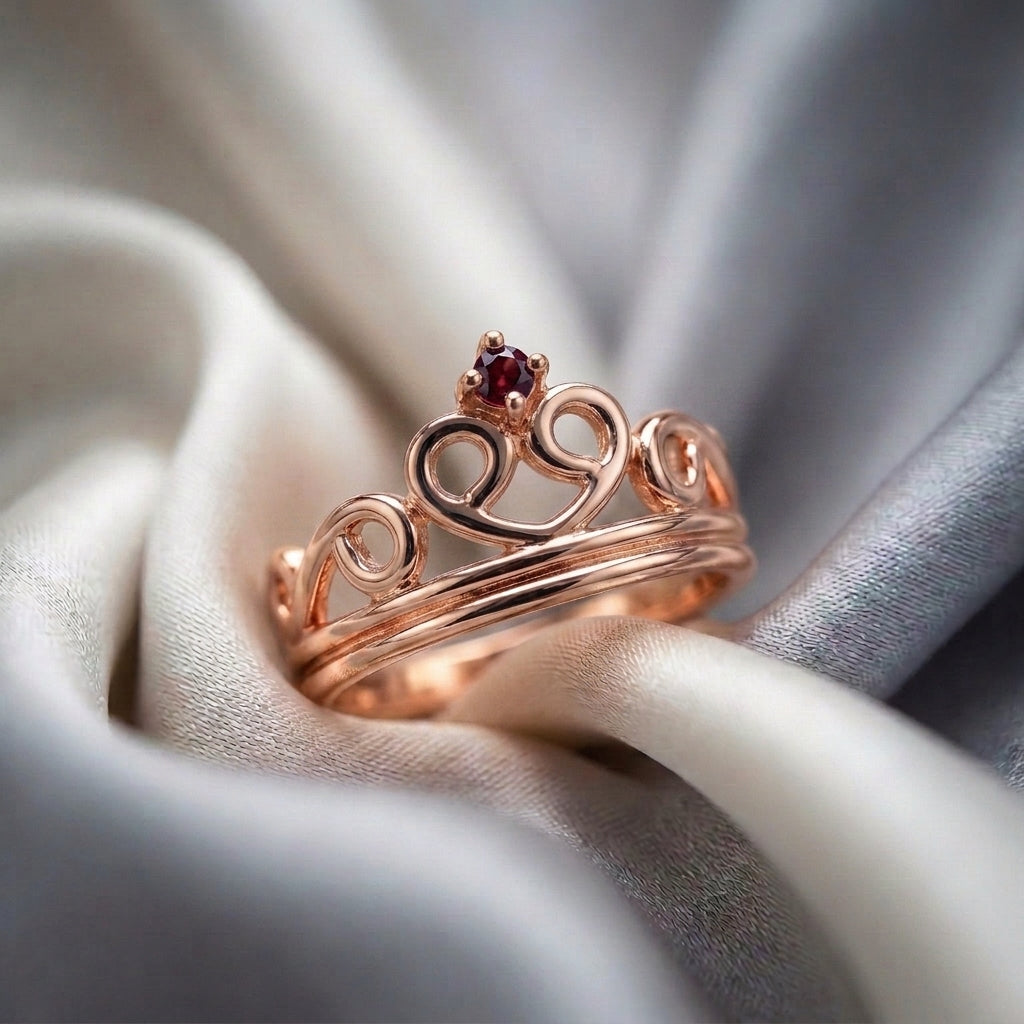 Natural Red Garnet Crown Ring in 925 Sterling Silver