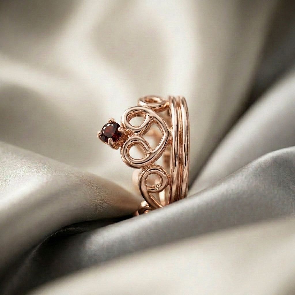 Natural Red Garnet Crown Ring in 925 Sterling Silver