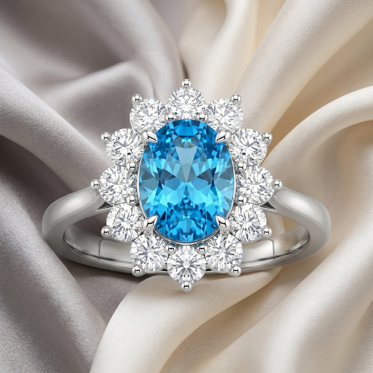 Natural Swiss Blue Topaz Roselle Ring in 925 Sterling Silver