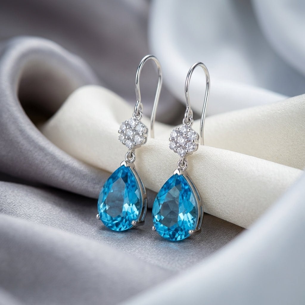 Natural Swiss Blue Topaz Willow Drop Earrings
