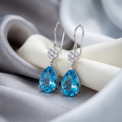 Natural Swiss Blue Topaz Willow Drop Earrings