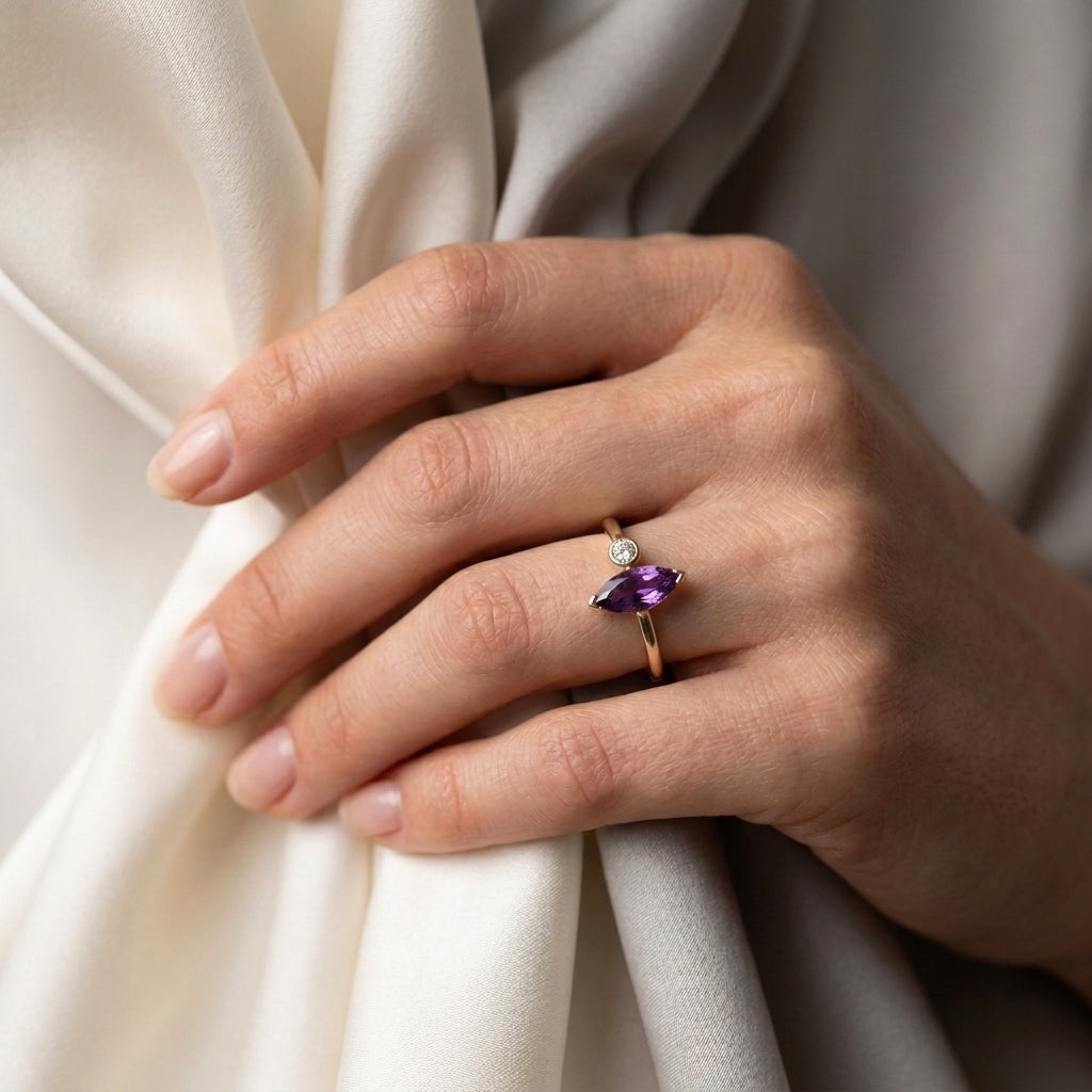 Natural Amethyst Marquise Ring in 925 Sterling Silver