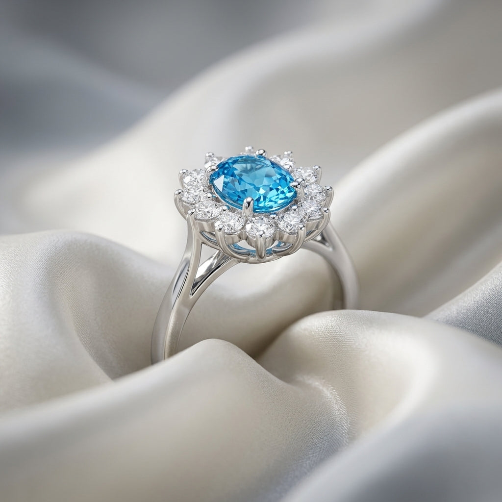 Natural Swiss Blue Topaz Roselle Ring in 925 Sterling Silver