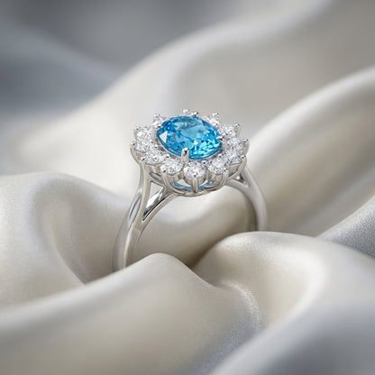 Natural Swiss Blue Topaz Roselle Ring in 925 Sterling Silver