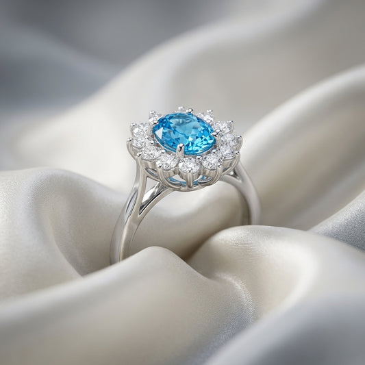 Natural Swiss Blue Topaz Roselle Ring in 925 Sterling Silver