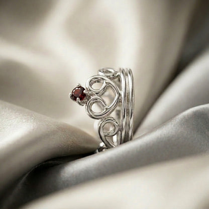 Natural Red Garnet Crown Ring in 925 Sterling Silver
