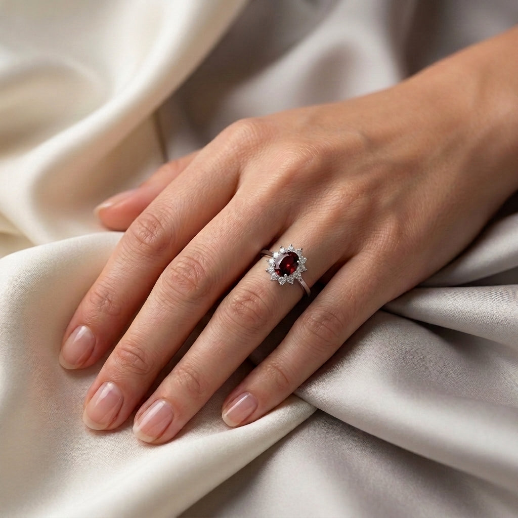 Natural Red Garnet Roselle Ring in 925 Sterling Silver