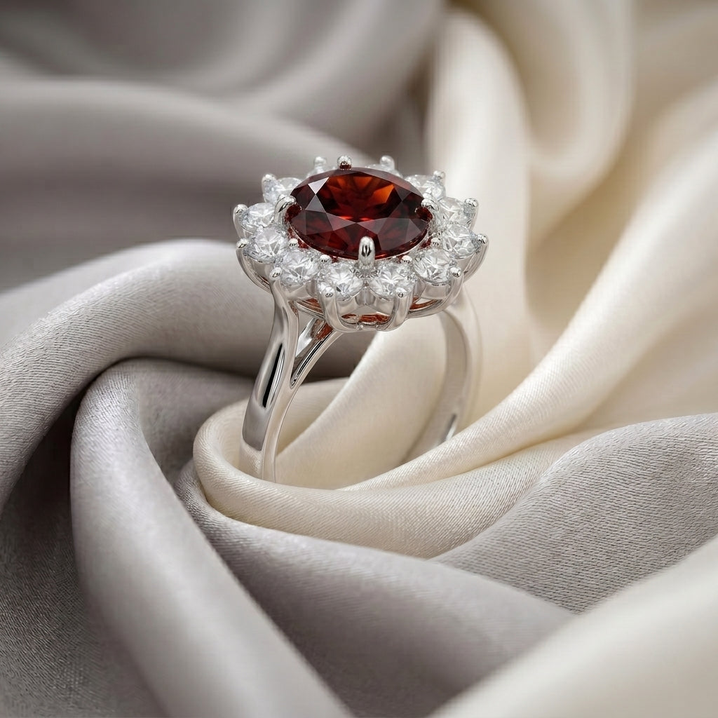Natural Red Garnet Roselle Ring in 925 Sterling Silver