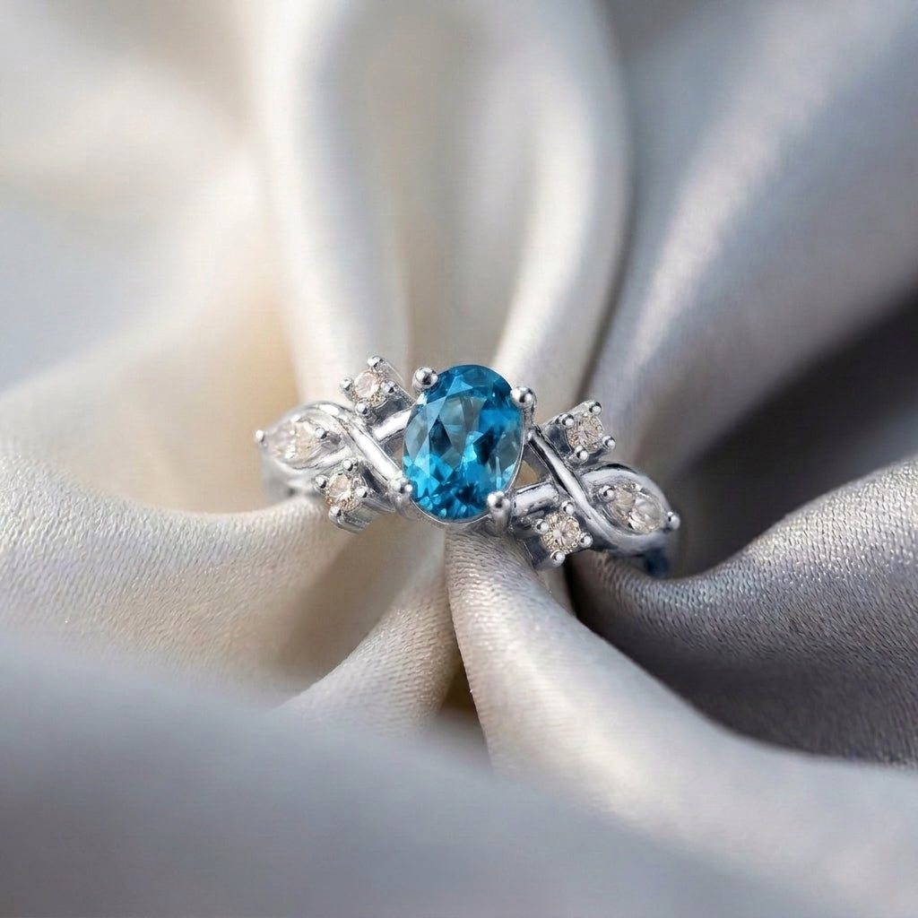 Natural Swiss Blue Topaz The Willow Ring in 925 Sterling Silver