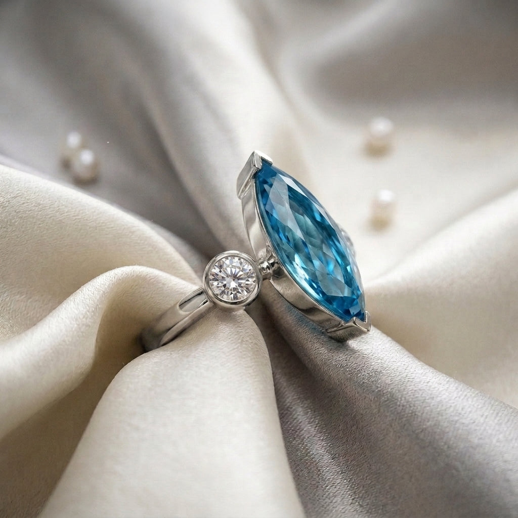 Natural Swiss Blue Topaz Marquise Ring in 925 Sterling Silver