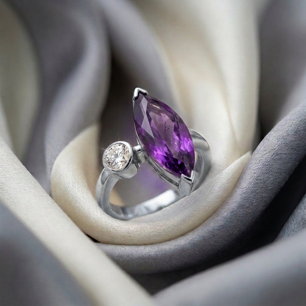 Natural Amethyst Marquise Ring in 925 Sterling Silver