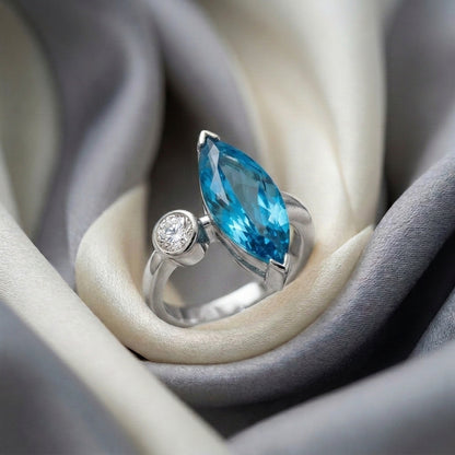 Natural Swiss Blue Topaz Marquise Ring in 925 Sterling Silver
