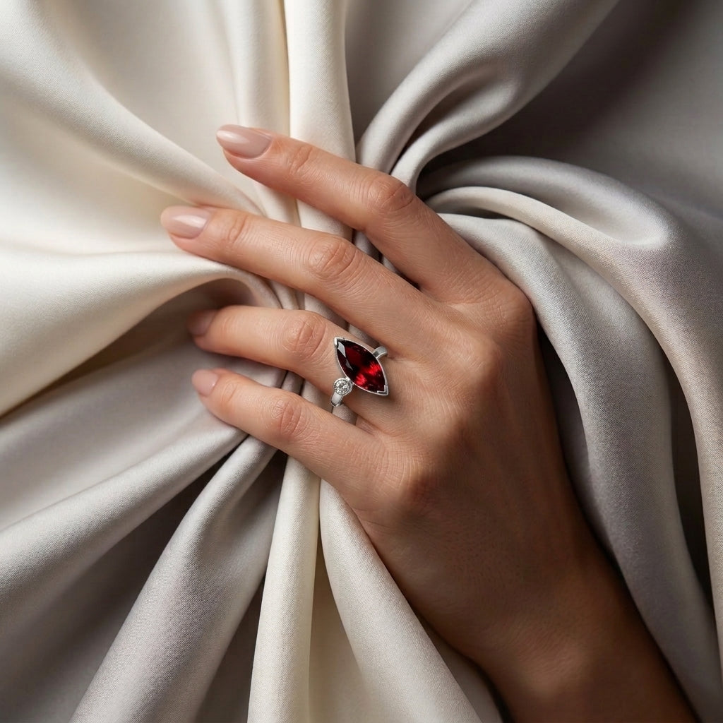 Natural Red Garnet Marquise Ring in 925 Sterling Silver