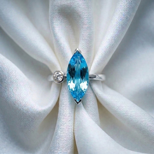Natural Swiss Blue Topaz Marquise Ring in 925 Sterling Silver
