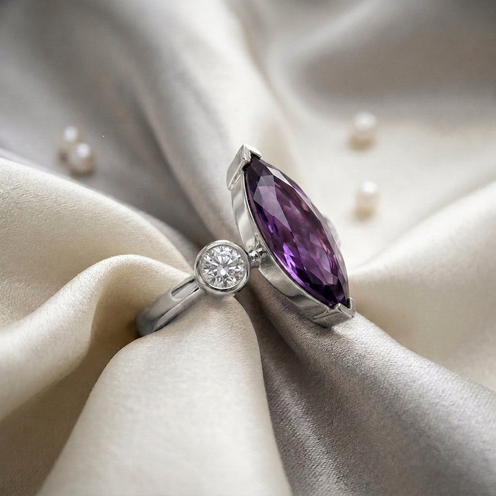 Natural Amethyst Marquise Ring in 925 Sterling Silver