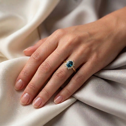 Natural London Blue Topaz Roselle Ring in 925 Sterling Silver
