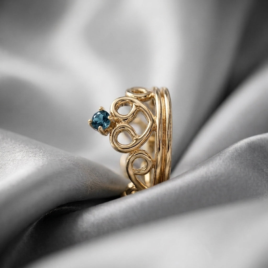 Natural London Blue Topaz Crown Ring in 925 Sterling Silver