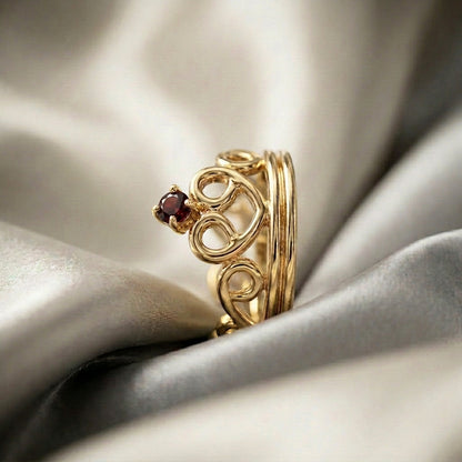 Natural Red Garnet Crown Ring in 925 Sterling Silver