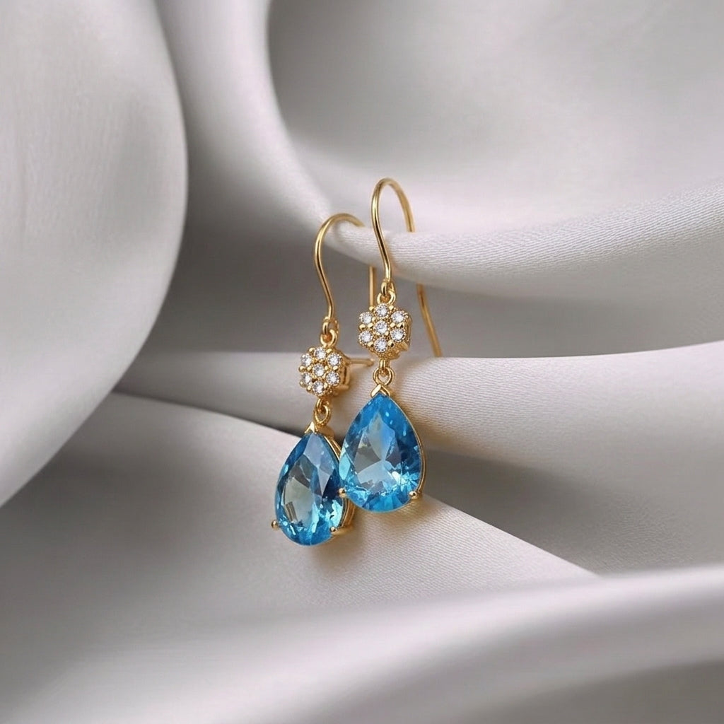 Natural Swiss Blue Topaz Willow Drop Earrings