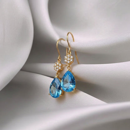 Natural Swiss Blue Topaz Willow Drop Earrings