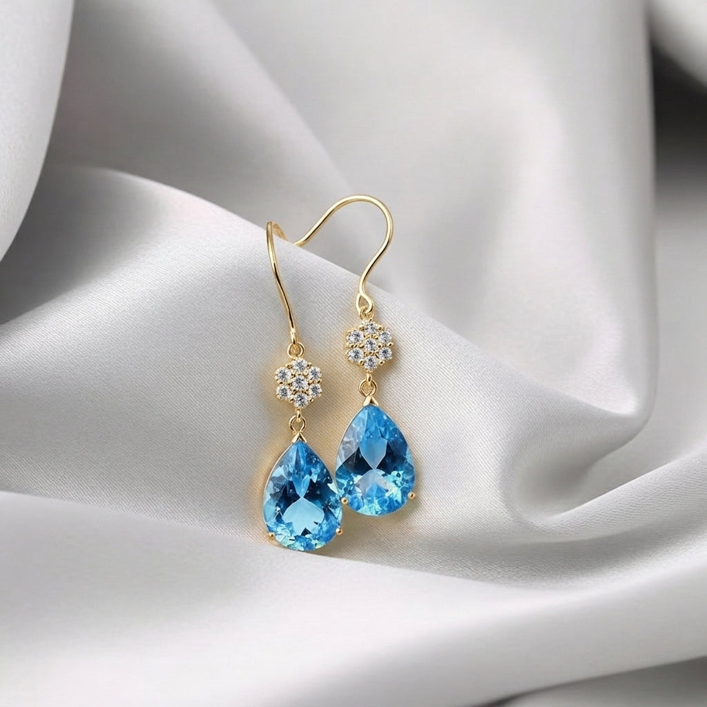 Natural Swiss Blue Topaz Willow Drop Earrings