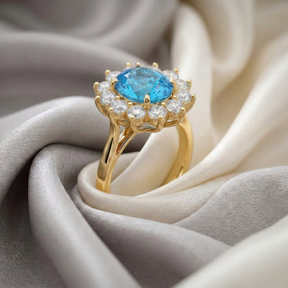 Natural Swiss Blue Topaz Roselle Ring in 925 Sterling Silver