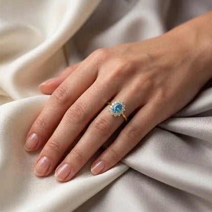 Natural Swiss Blue Topaz Roselle Ring in 925 Sterling Silver