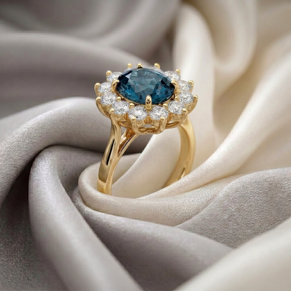 Natural London Blue Topaz Roselle Ring in 925 Sterling Silver