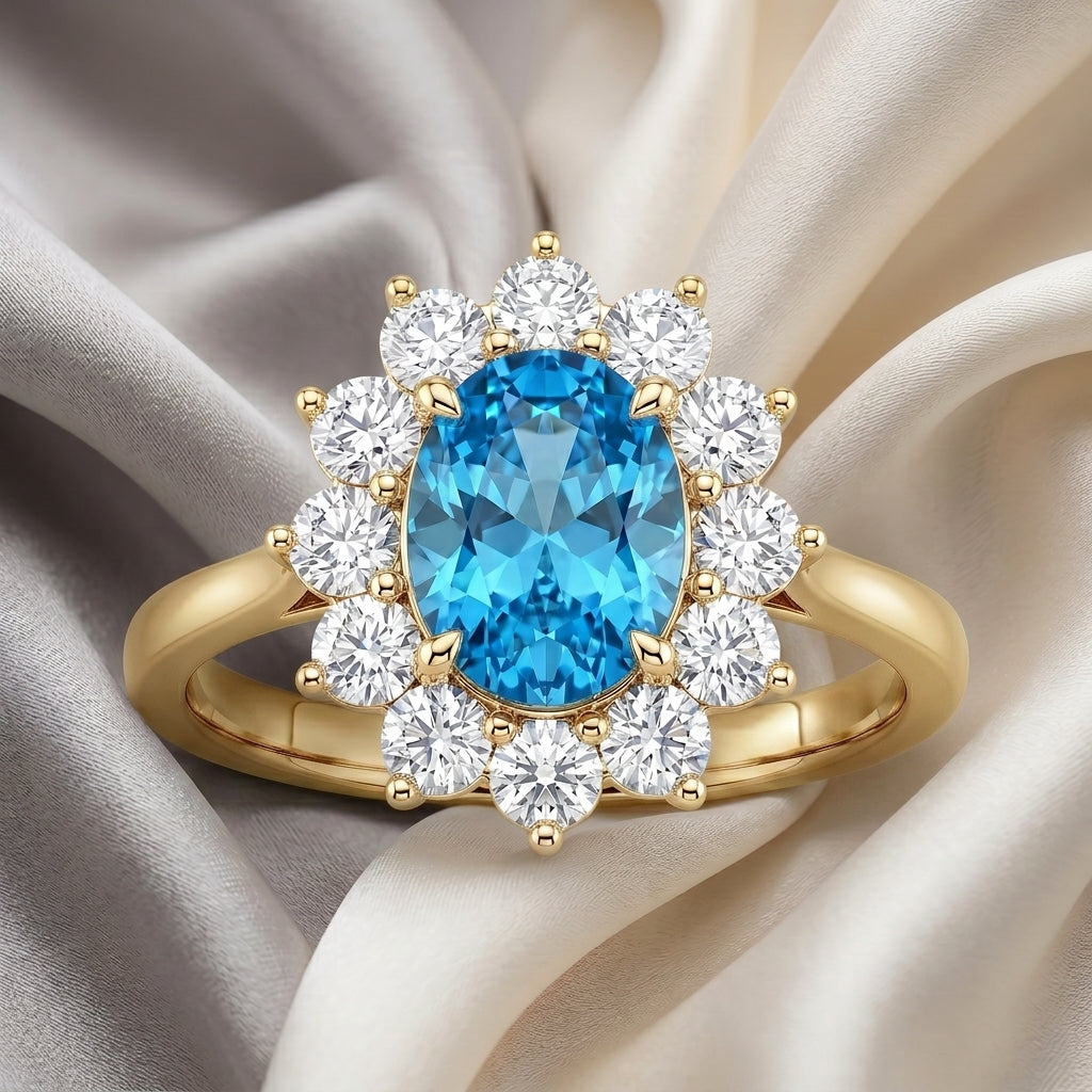 Natural Swiss Blue Topaz Roselle Ring in 925 Sterling Silver