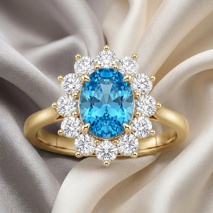 Natural Swiss Blue Topaz Roselle Ring in 925 Sterling Silver