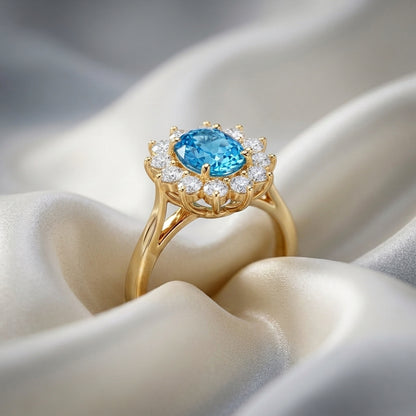 Natural Swiss Blue Topaz Roselle Ring in 925 Sterling Silver