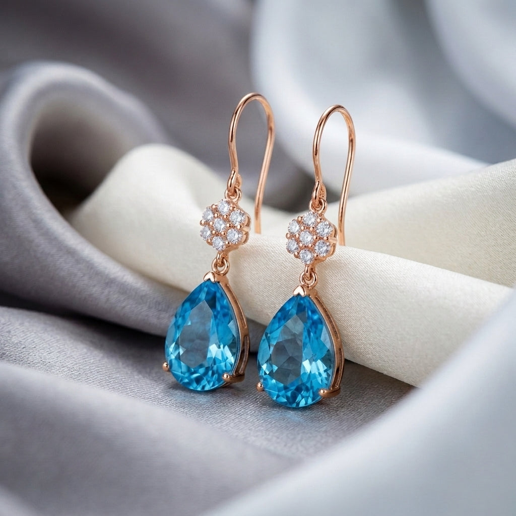 Natural Swiss Blue Topaz Willow Drop Earrings